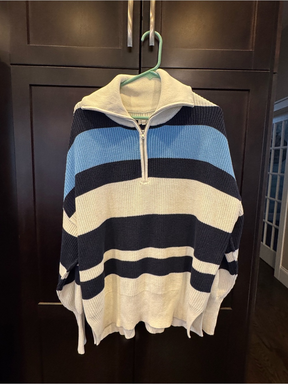 aerie Women's Striped Half-Zip Sweater in Navy, Light Blue, and Cream